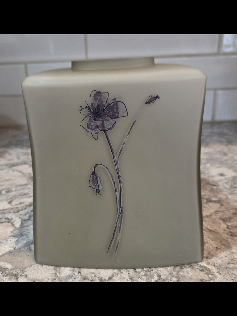 Square Glass Tissue Box Cover  Frosted Gray Purple Floral Bathroom Heavy